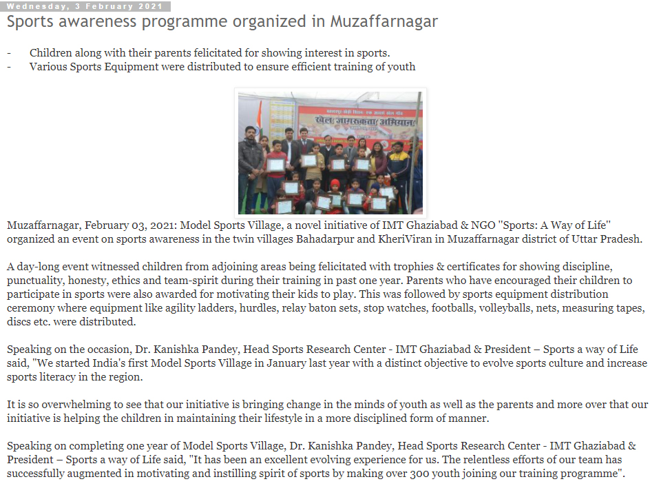 Successful completion of one year of Model Sports Village